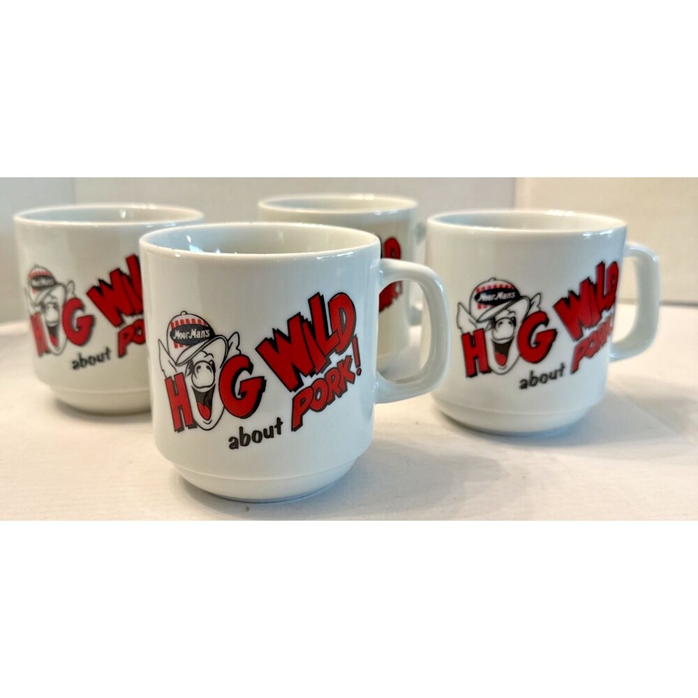 Moor-Man's Hog Wild About Pork 4 Mugs Vintage NOS White Ceramic Feed Advertising